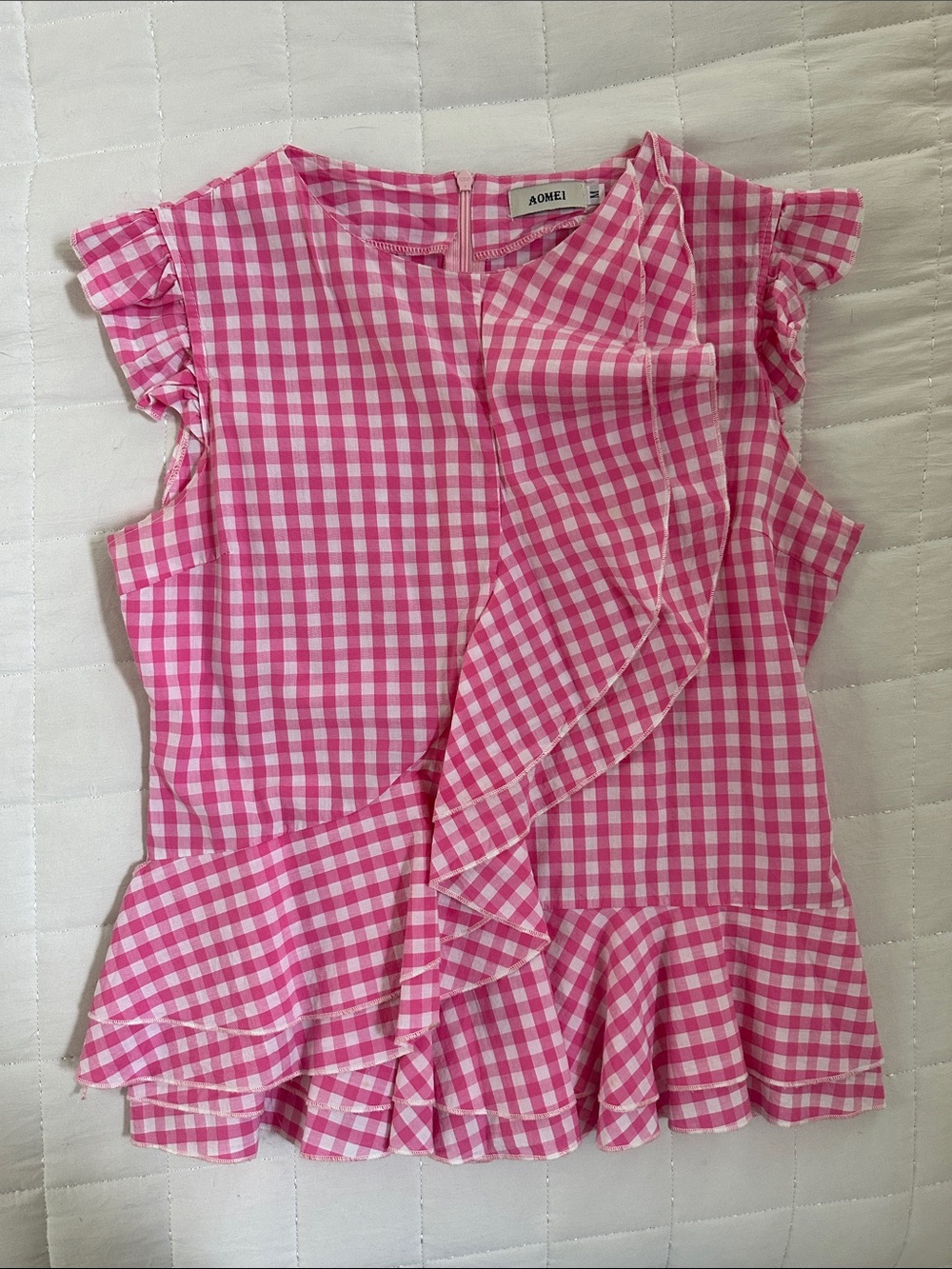 Aomei Womens Pink Gingham Ruffle Top